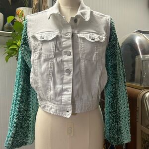 Stylish White Denim Jacket with Green Crochet Jacket Sleeves